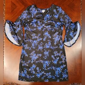 2X Olivia Matthews Blue Black Gold 3/4 Flouce Sleeve Seath Dress